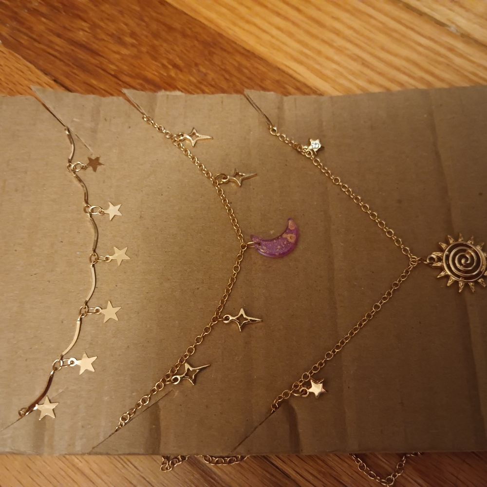 Gold and Purple Star, Moon And Sun Necklace Set